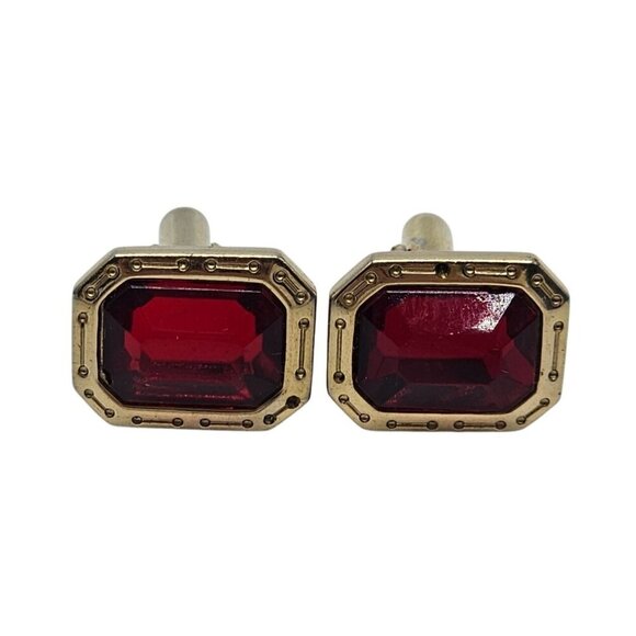 Vintage Anson Gold Tone Cufflinks With Red Faceted Stones - Picture 1 of 4